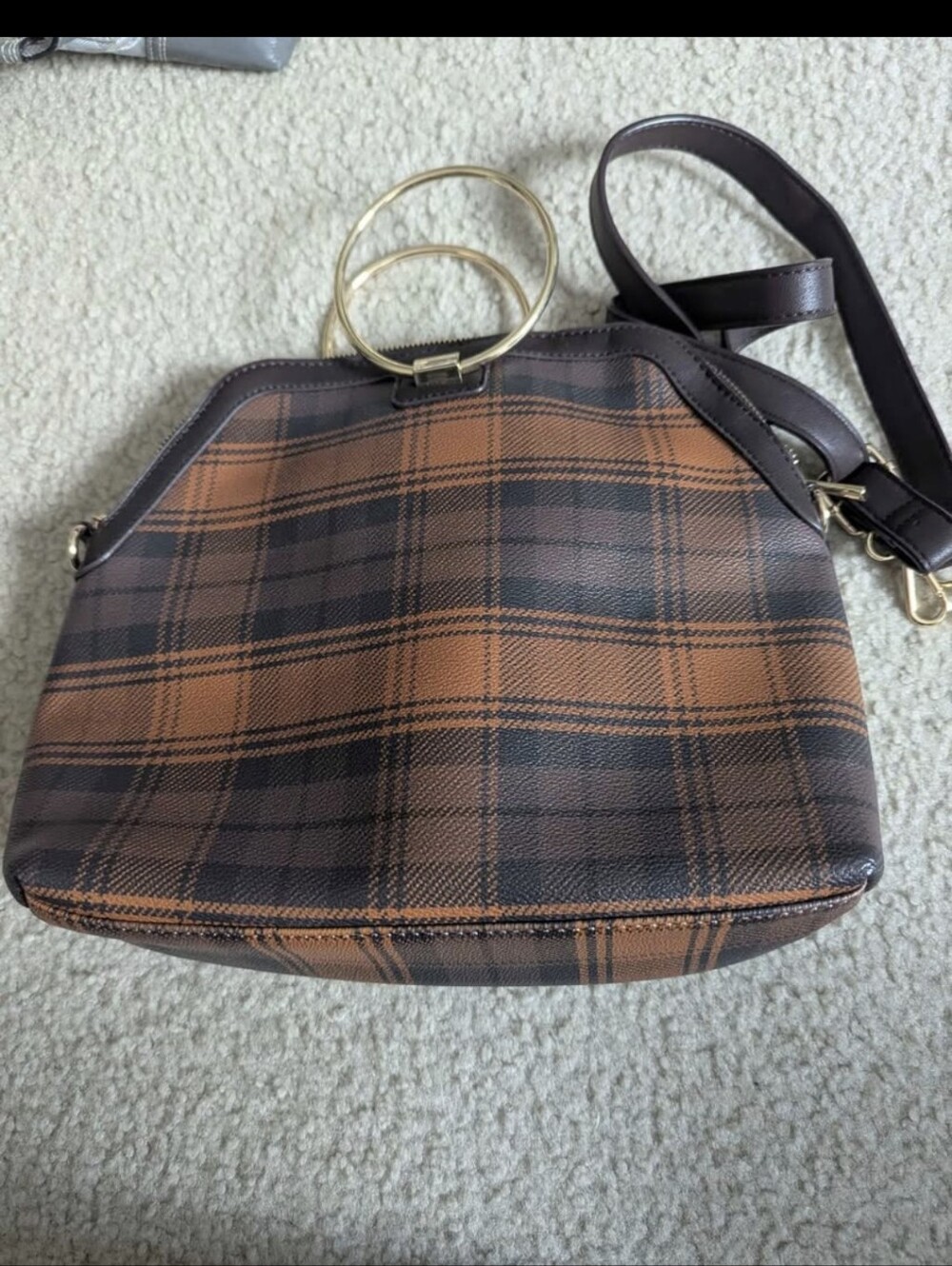 IMAN Brown Plaid Crossbody Bag with Gold Ring Accent